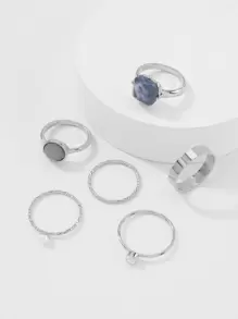 SHEIN VCAY 6入組假珍珠和鑽石裝飾戒指 - 銀色 - 查看 2