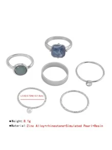 SHEIN VCAY 6入組假珍珠和鑽石裝飾戒指 - 銀色 - 查看 3