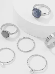 SHEIN VCAY 6入組假珍珠和鑽石裝飾戒指 - 銀色 - 查看 4