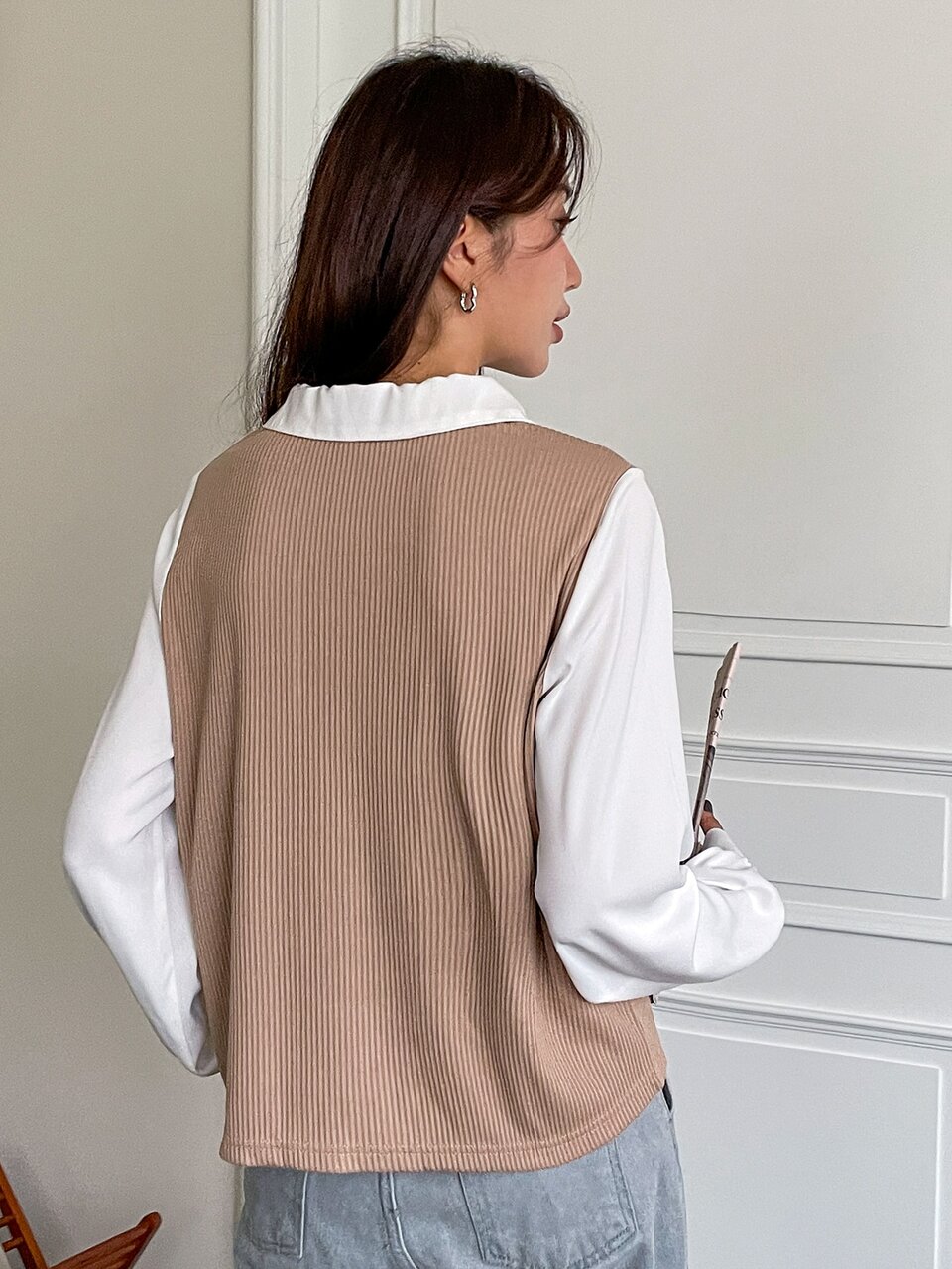 Colorblock Lantern Sleeve 2 In 1 Top,Fall Clothes Long Sleeve Women Tops