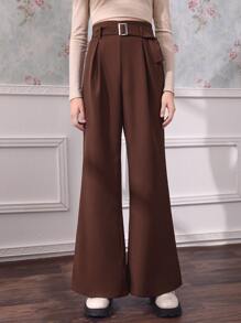 SHEIN MOD Fold Pleated Wide Leg Belted Trousers - Coffee Brown - View 2