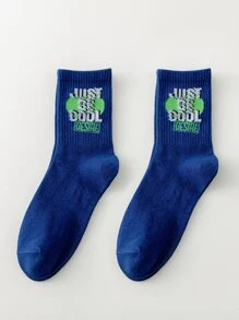 Hombres Calcetines de tripulación con estampado de slogan - Azul - Ver 1