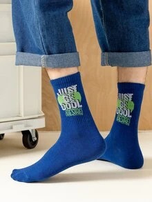 Hombres Calcetines de tripulación con estampado de slogan - Azul - Ver 2
