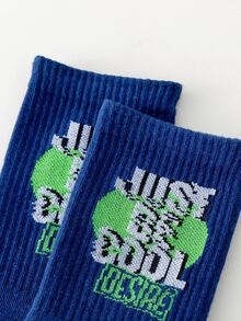 Hombres Calcetines de tripulación con estampado de slogan - Azul - Ver 3