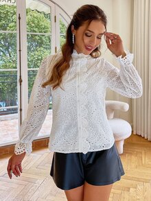 Simplee Women's Elegant Solid Color Lace Collar Hollow Long Sleeve Blouse, Spring - White - View 4