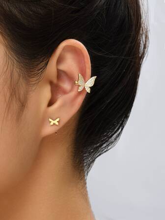 2入組方晶鋯石蝴蝶裝飾耳釘