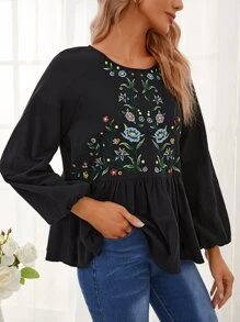 SHEIN Floral Embroidery Ruffle Hem Top - Black - View 3