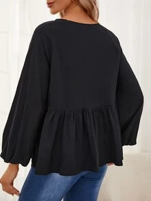 SHEIN Floral Embroidery Ruffle Hem Top - Black - View 2