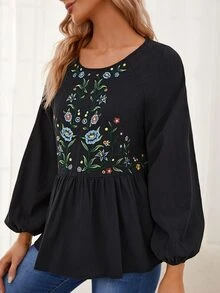 SHEIN Floral Embroidery Ruffle Hem Top - Black - View 5