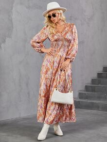 Vestido con estampado de paisley de manga farol bajo con fruncido - Multicolor - Ver 3