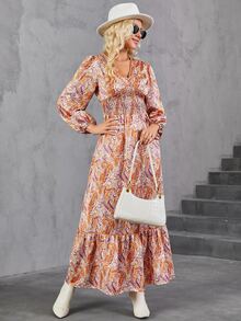 Vestido con estampado de paisley de manga farol bajo con fruncido - Multicolor - Ver 4