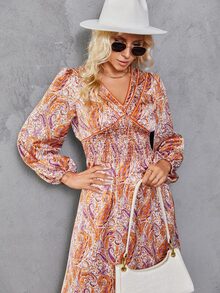 Vestido con estampado de paisley de manga farol bajo con fruncido - Multicolor - Ver 5