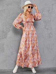 Vestido con estampado de paisley de manga farol bajo con fruncido - Multicolor - Ver 6