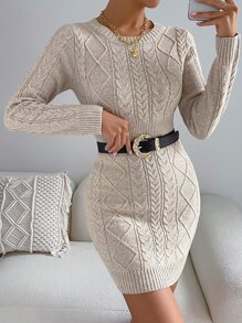 SHEIN Privé Cable Knit Bodycon Jumper Dress Without Belt - Apricot - View 1