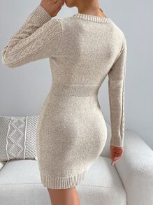 SHEIN Privé Cable Knit Bodycon Jumper Dress Without Belt - Apricot - View 2