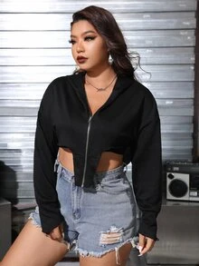 ROMWE PUNK Plus Drop Shoulder Asymmetrical Hem Zipper Crop Hoodie - Black - View 5