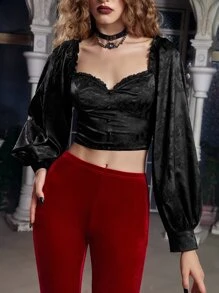 ROMWE PUNK Áo sơ mi nữ Tương phản ren viền lá sen màu trơn Hấp dẫn - màu đen - Xem 1