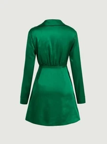 SHEIN Privé 素色褶邊緞面洋裝 - 綠色 - 查看 5