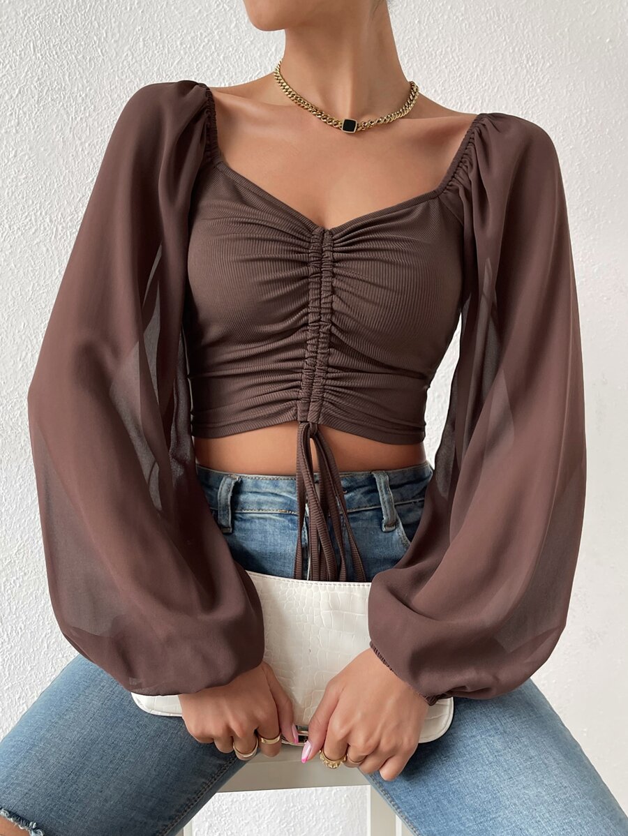 Breezaya Sweetheart Neck Drawstring Lantern Sleeve Crop Milkmaid Top Fall Cloth For Women - Coffee Brown - View 1