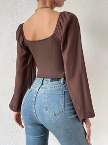 Breezaya Sweetheart Neck Drawstring Lantern Sleeve Crop Milkmaid Top Fall Cloth For Women - Coffee Brown - View 2