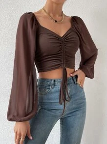 Breezaya Sweetheart Neck Drawstring Lantern Sleeve Crop Milkmaid Top Fall Cloth For Women - Coffee Brown - View 3
