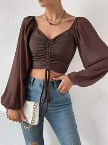Breezaya Sweetheart Neck Drawstring Lantern Sleeve Crop Milkmaid Top Fall Cloth For Women - Coffee Brown - View 5
