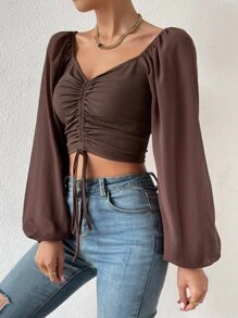 Breezaya Sweetheart Neck Drawstring Lantern Sleeve Crop Milkmaid Top Fall Cloth For Women - Coffee Brown - View 6