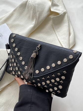 Litchi Embossed Tassel & Studded Decor Flap Square Bag