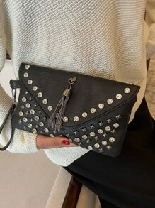 Geantă pătrată cu clapă cu decor cu împodobire în relief Litchi