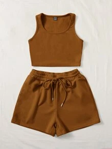 SHEIN EZwear Scoop Neck Tank Top and Track Shorts - Brown - View 3