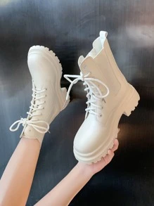 Unisex Boots Lace-up Front Chunky Heel Fashion Faux Leather Boots - Beige - View 1