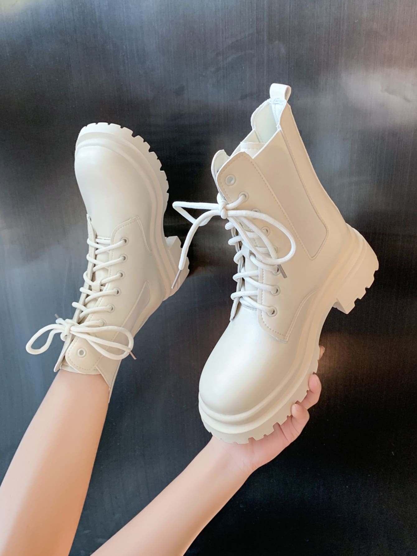 Unisex Boots Lace-up Front Chunky Heel Fashion Faux Leather Boots - Beige - View 1