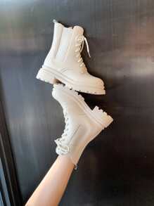 Unisex Boots Lace-up Front Chunky Heel Fashion Faux Leather Boots - Beige - View 2