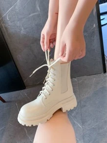 Unisex Boots Lace-up Front Chunky Heel Fashion Faux Leather Boots - Beige - View 3