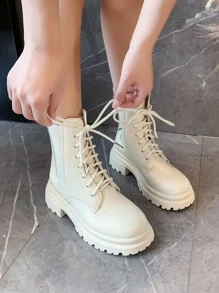 Unisex Boots Lace-up Front Chunky Heel Fashion Faux Leather Boots - Beige - View 4