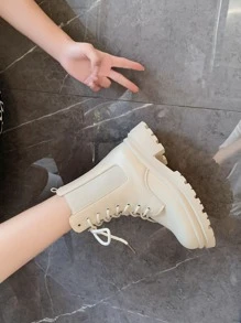 Unisex Boots Lace-up Front Chunky Heel Fashion Faux Leather Boots - Beige - View 5