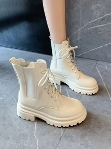 Unisex Boots Lace-up Front Chunky Heel Fashion Faux Leather Boots - Beige - View 6