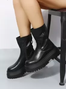 Fall/Winter Women's Black Minimalist Zip Side Boots, Round Toe Platform Mid Heel Combat Boots, Style With Black Dress
