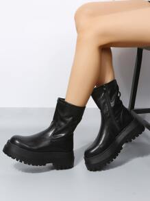 Fall/Winter Women's Black Minimalist Zip Side Boots, Round Toe Platform Mid Heel Combat Boots, Style With Black Dress
