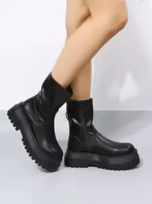 Fall/Winter Women's Black Minimalist Zip Side Boots, Round Toe Platform Mid Heel Combat Boots, Style With Black Dress