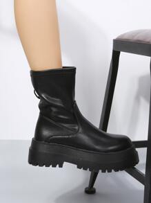 Fall/Winter Women's Black Minimalist Zip Side Boots, Round Toe Platform Mid Heel Combat Boots, Style With Black Dress