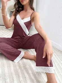 Contrast Lace Cami PJ Set - Maroon - View 1