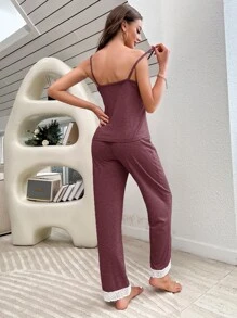 Contrast Lace Cami PJ Set - Maroon - View 2