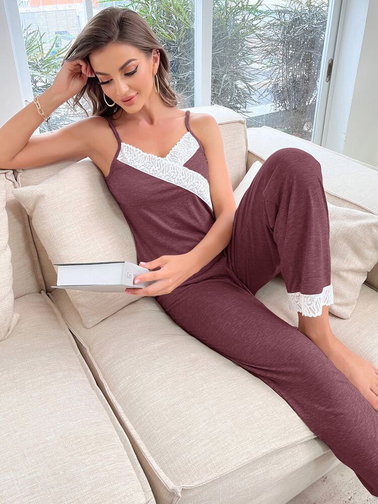 Contrast Lace Cami PJ Set - Maroon - View 6
