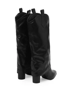 Patch Decor Point Toe Chunky Heeled Western Boots - Black - View 3