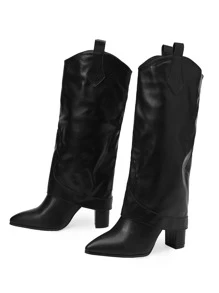 Patch Decor Point Toe Chunky Heeled Western Boots - Black - View 4