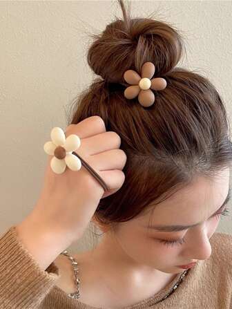 2 件优雅花朵设计发带，可爱女士发饰，沙滩装，沙滩花饰，沙滩度假马尾辫发夹发圈橡皮筋发绳弹性发带，发球