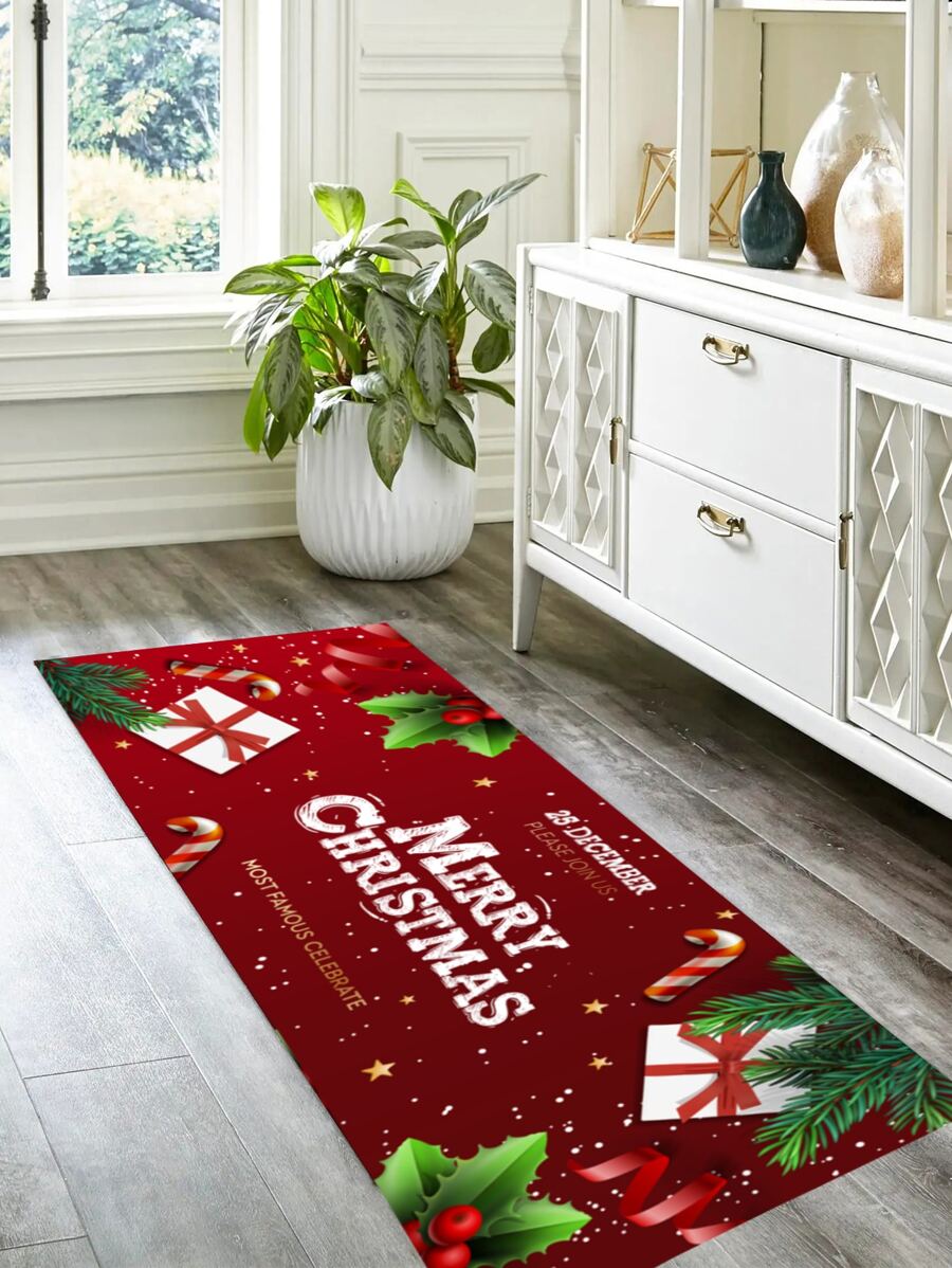 1pc Christmas Slogan Graphic Non-slip Kitchen Rug - Multicolor - View 1