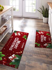 1pc Christmas Slogan Graphic Non-slip Kitchen Rug - Multicolor - View 5