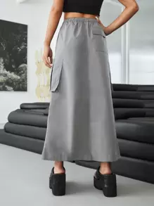 SHEIN ICON 戶外運動風翻蓋口袋工裝傘裙 - 灰色 - 查看 2